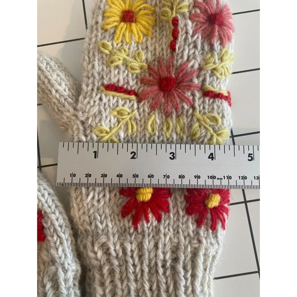Ganz Warm & Fuzzy Hand Knit 100% Wool Mittens Floral Embroidered Nepal NWT